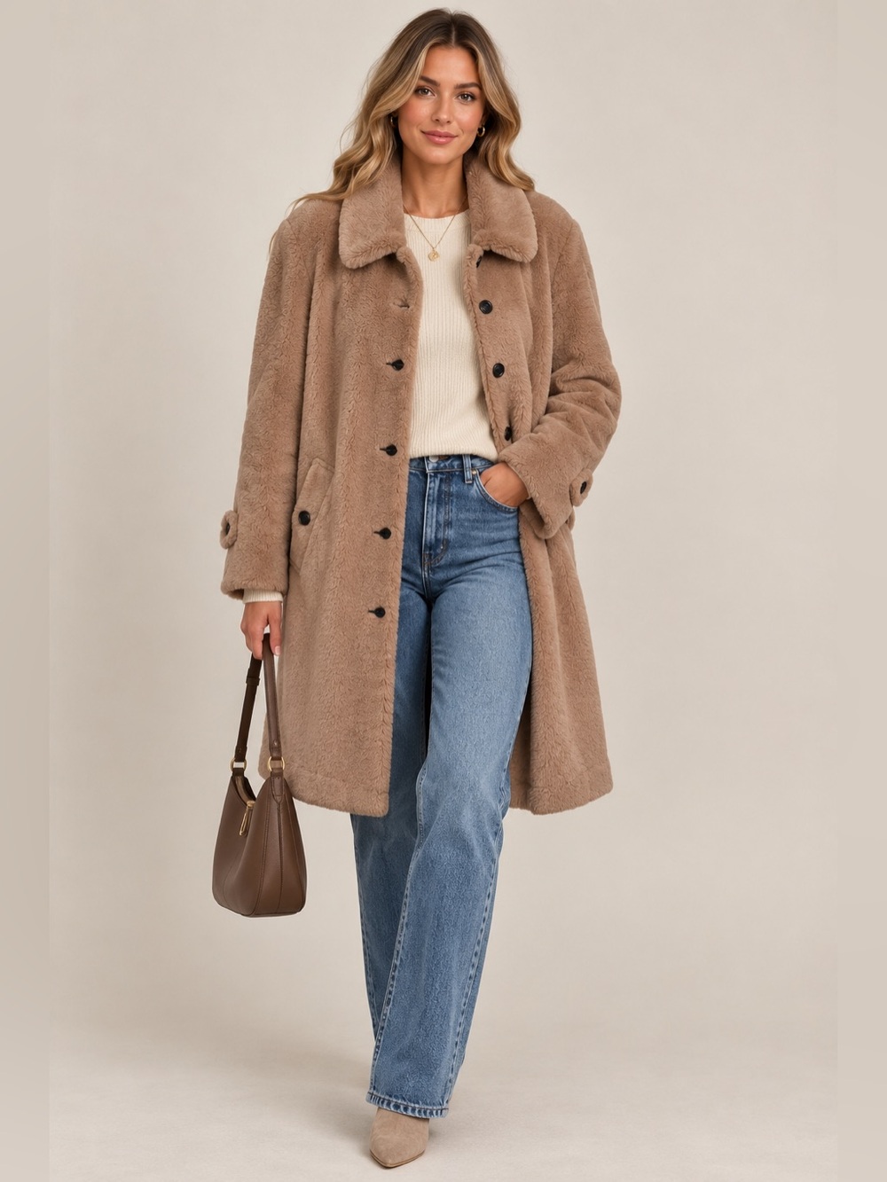 Burberry Faux Fur Teddy Coat Camel Beige Long Jacket Button Front Shearling 0 XS